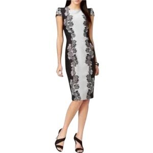 Betsey Johnson Floral Cap Sleeve Sheath Dress Sz 4 Black Grey ASO Maria Larosa